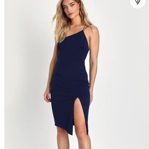 Lulu's Happiest Hour Navy Blue Asymmetrical Bodycon Midi Dress